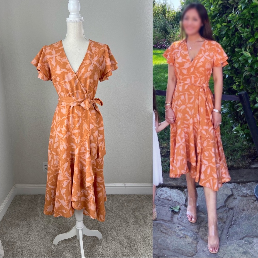 Like new V neck floral print warp midi dress